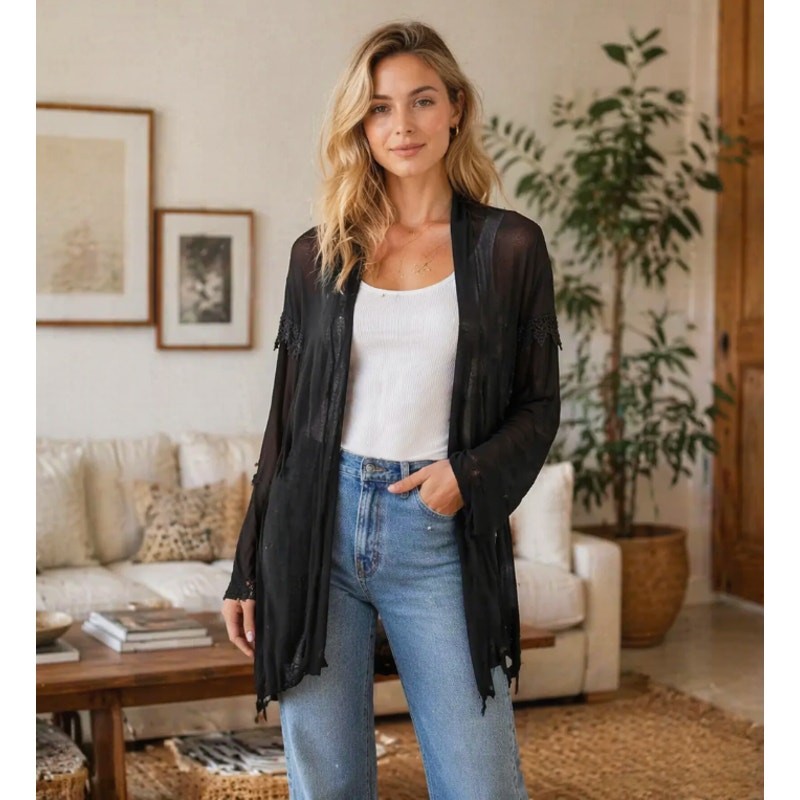 Antthony Black Open Front Cardigan Knit Sweater Women Lace Trim Boho Lightweight