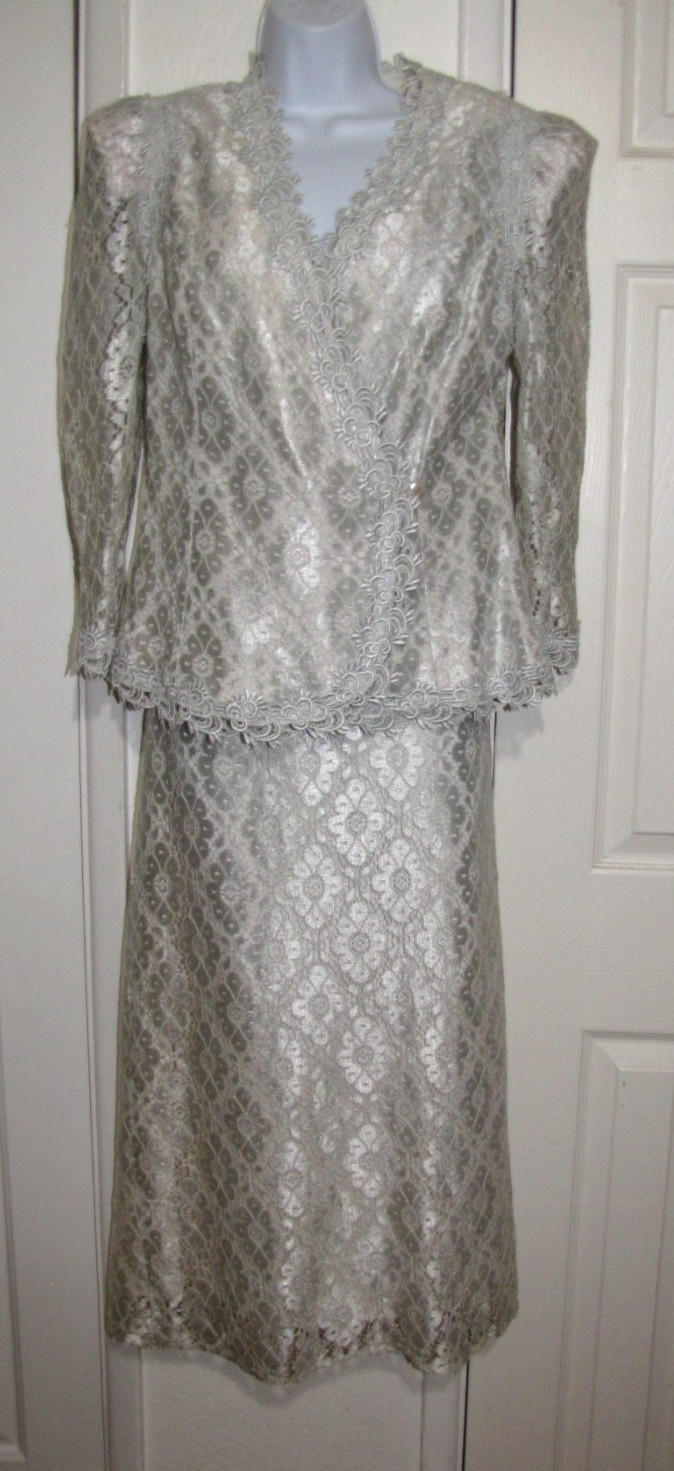 Vtg 80&rsquo;s Cachet 2 Pc.Set Jacket + Maxi Skirt Pale-aqua Lace Lined Women&rsquo;s 9/10