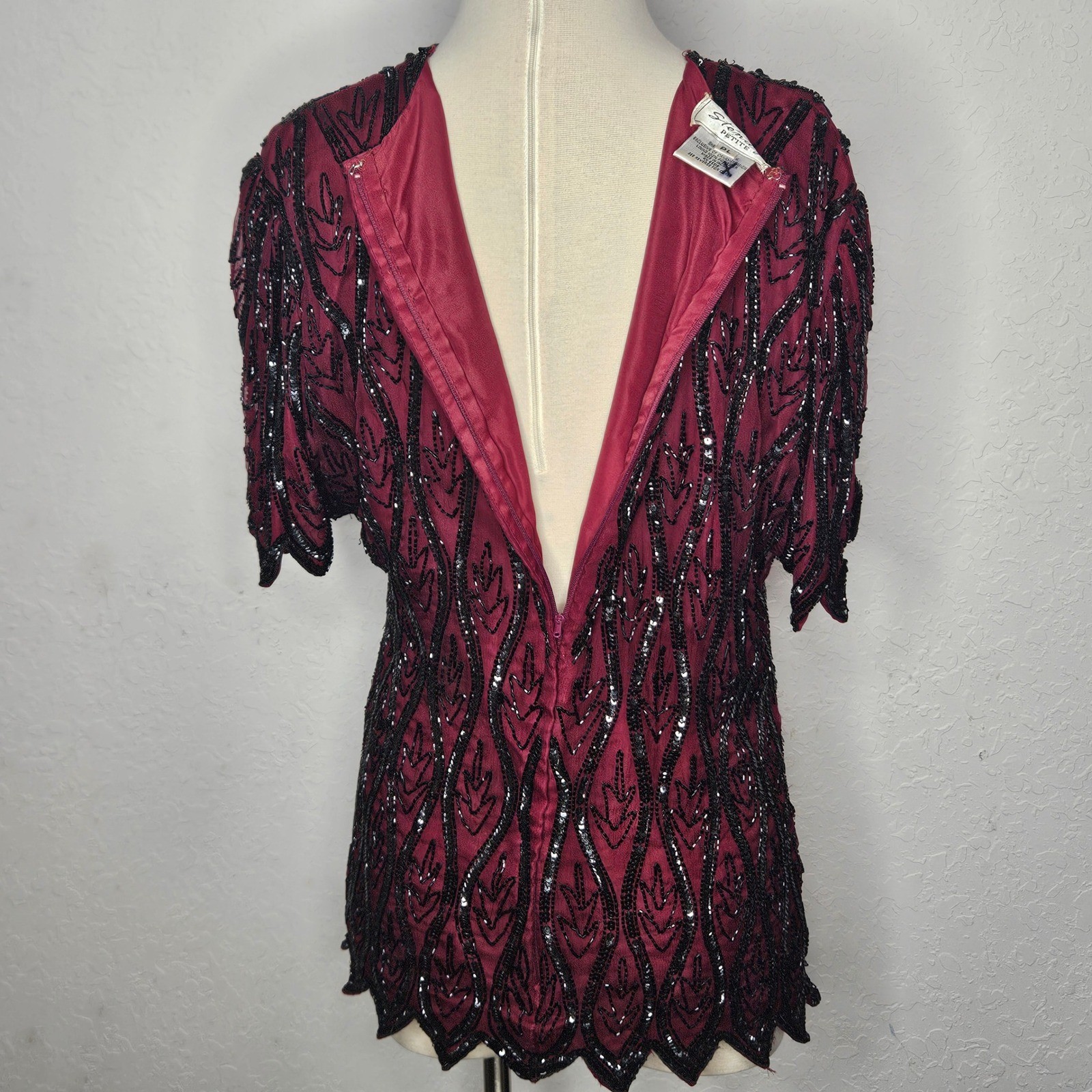 Stenay Petite Vintage Beaded Sequin Silk Blouse Burgundy Black Scalloped PL