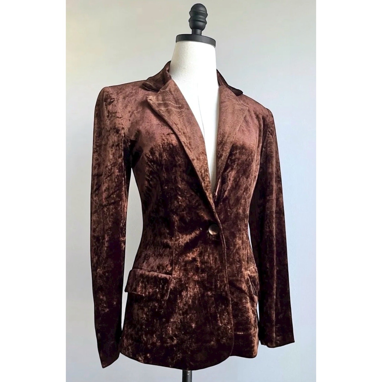 Vintage 90s Crushed Velvet Blazer | Chocolate Brown Velour Tailored Jacket | S