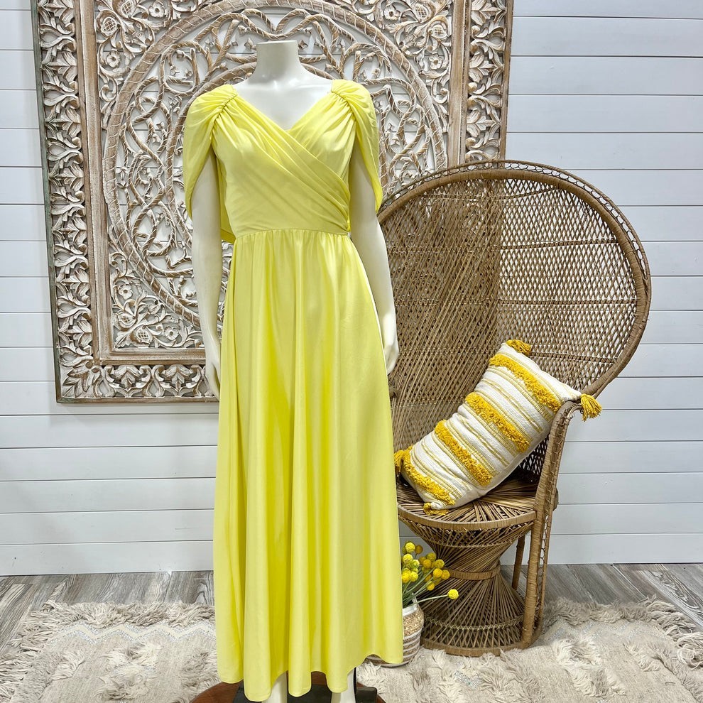Vintage 70s Elegant Goddess Cottagecore Boho Yellow Maxi Cape Dress XS