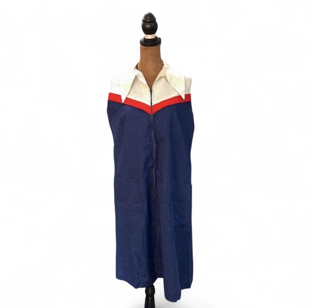 True Vintage 60s 70s Dagger Collar Zipper Dress Red White Navy Medium 14/16