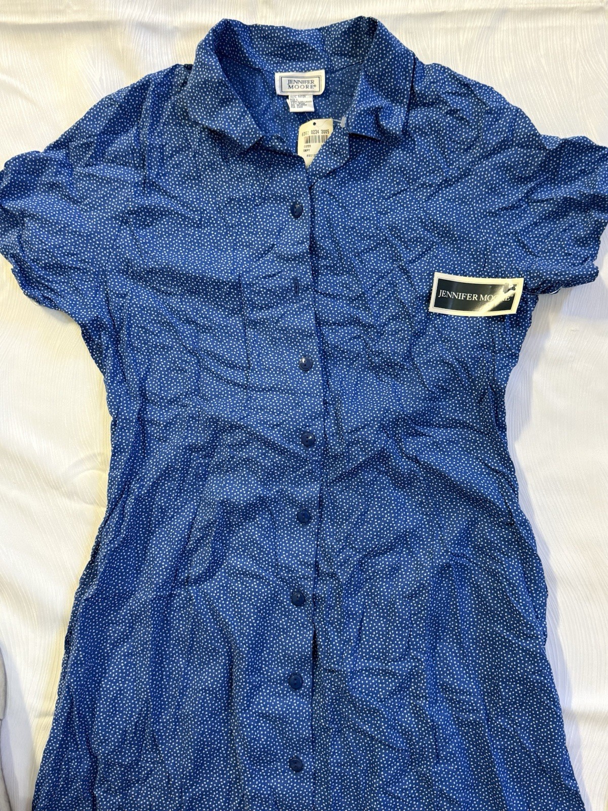 Vintage Jennifer Moore Blue Polka Dot Milkmaid Shirt Dress L Deadstock 90s