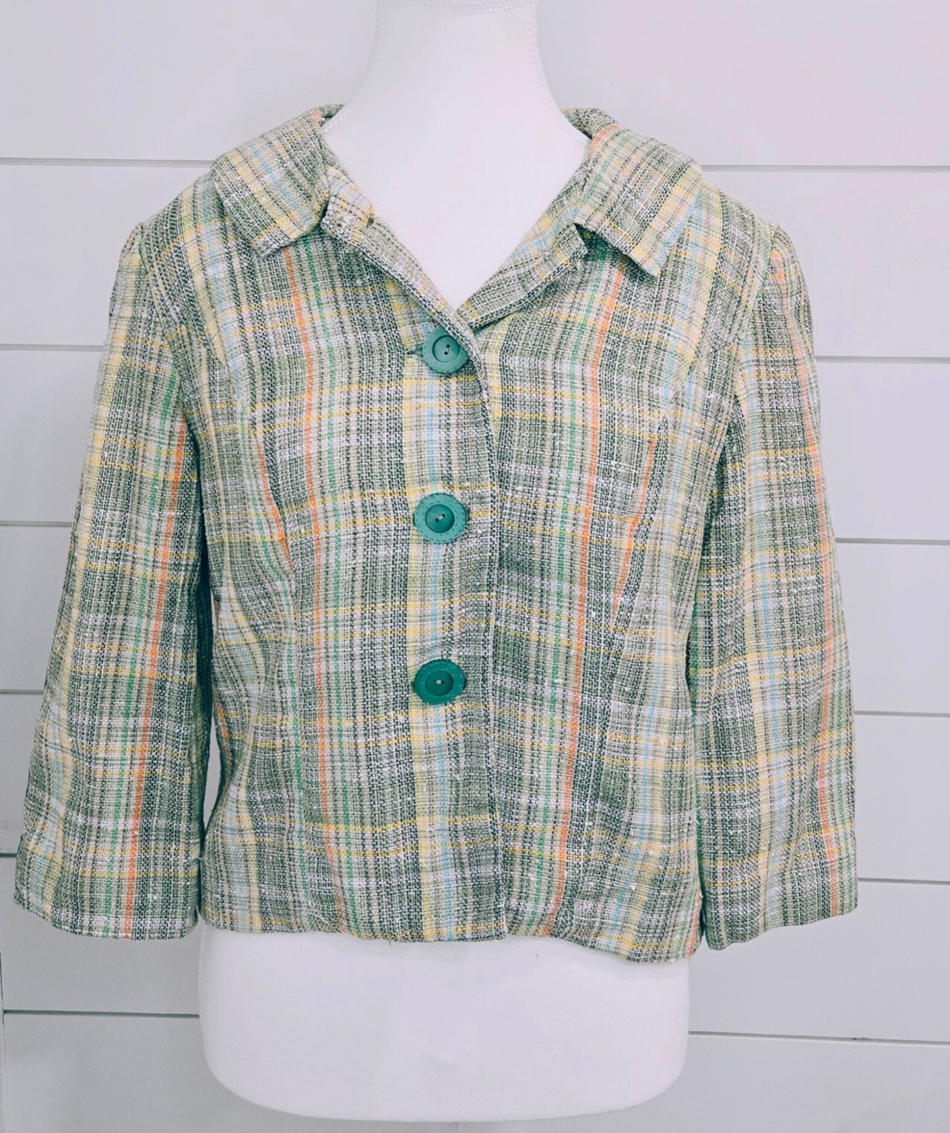 Vintage 1960s Mod Plaid Cropped Jacket Pastel Tweed Jackie O Spring Coat Retro