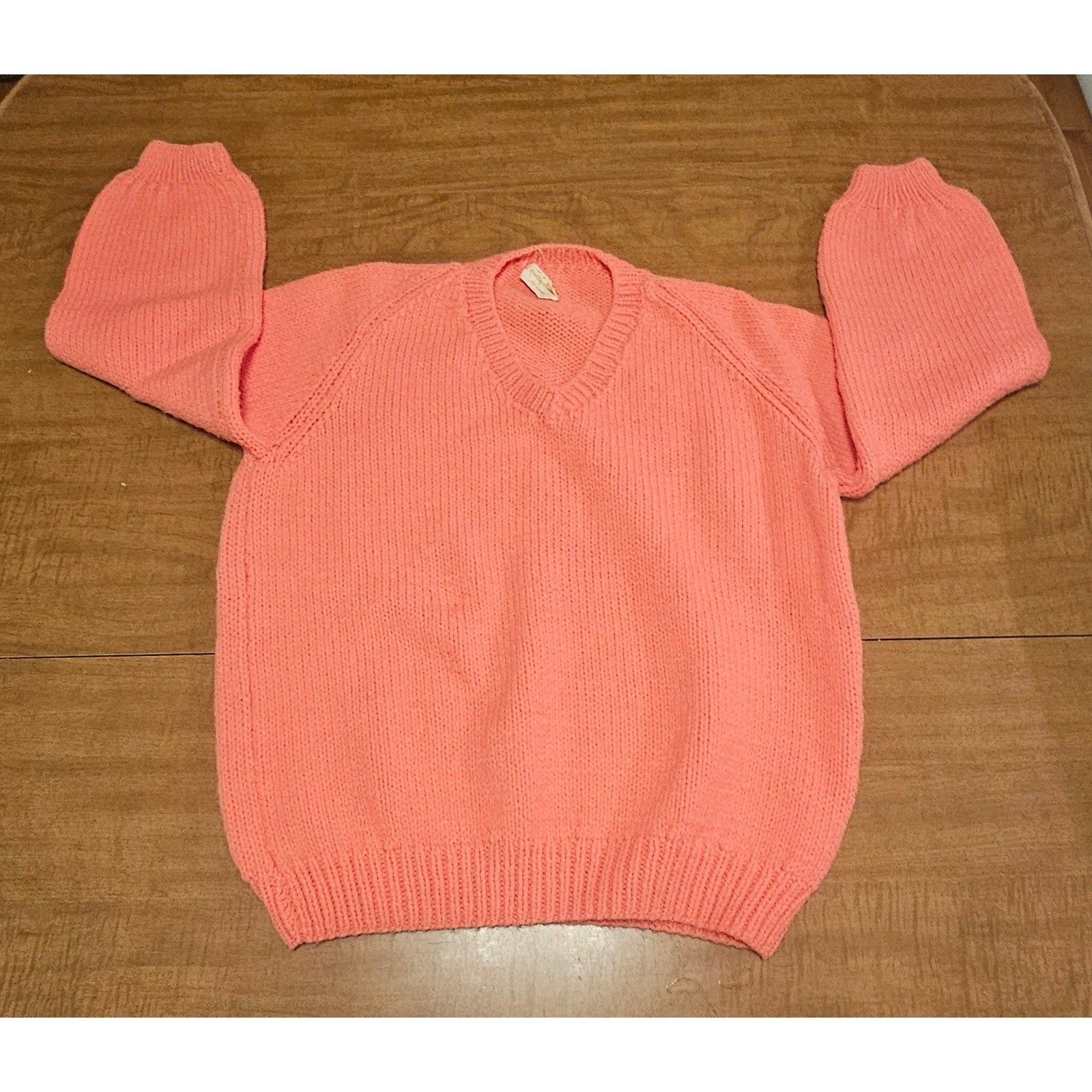 Vintage Homemade 80s Peach Orange Shaker Knit Sweater V-Neck M L K