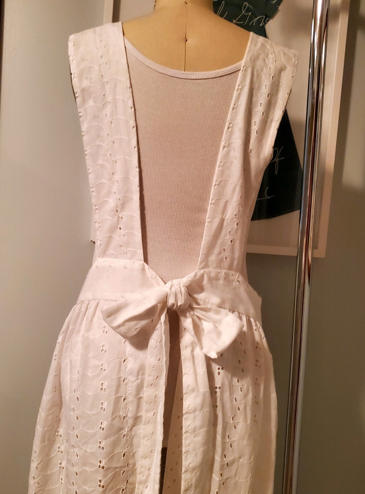 Vintage Home-made White Cotton Eyelet Pinafore Dress/Ankle Length Apron