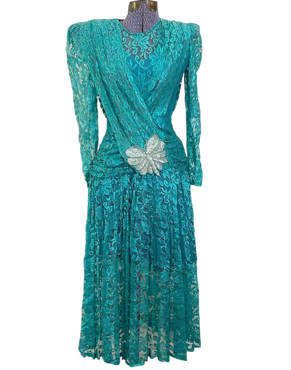 1980’s True Retro Vintage a la carte Teal Lace Prom Dress Size 5-6 Made In USA