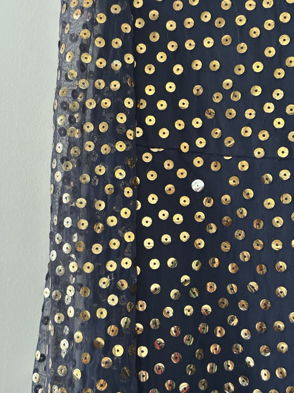 70s Joan Leslie by Kasper Sequin Party Dress Navy Gold Sheer Sleeve VTG