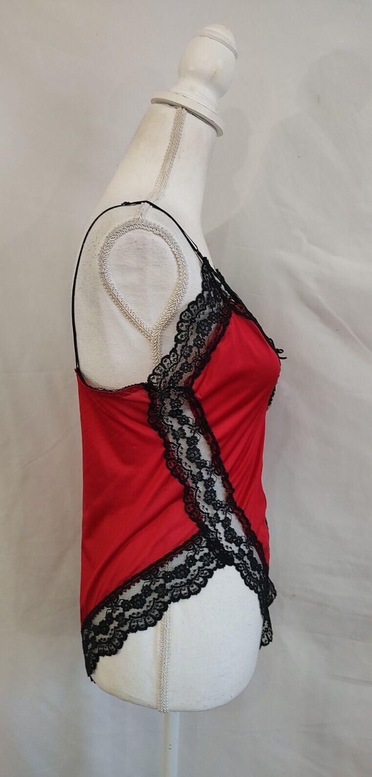 80&rsquo;s Vintage Teddy Romper Red Nylon & Black Lace Super High Cut Leg Sexy Sz S