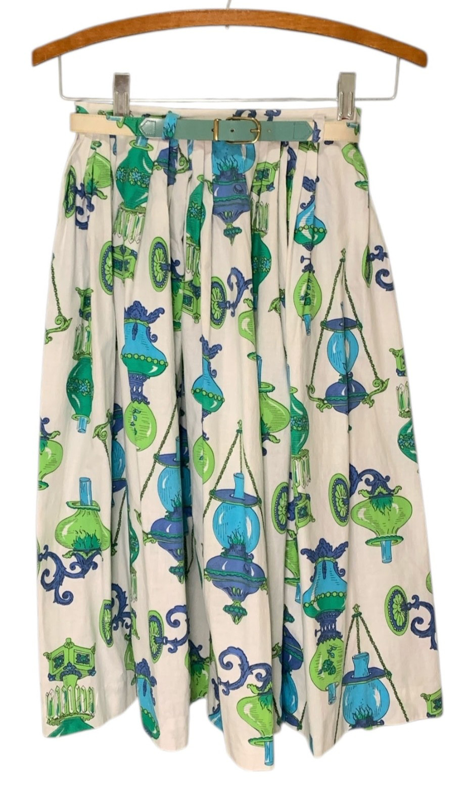 Vintage 60s Women&rsquo;s Blue + Green Novelty Lamp Print Skirt with Belt- Sz XS/S