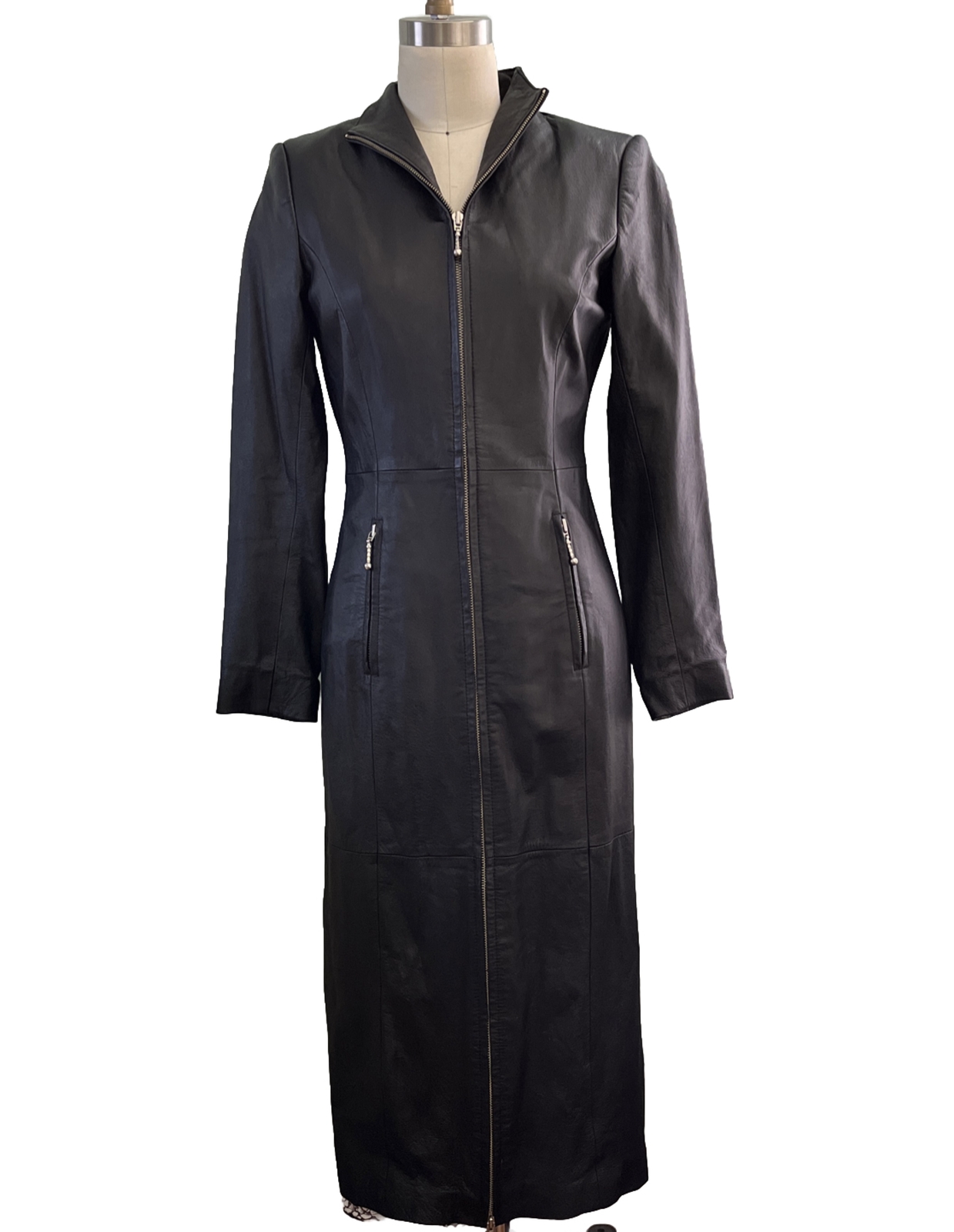 Beautiful Vintage 80’s Black Leather Coat Dress with Double Zipper Size 6