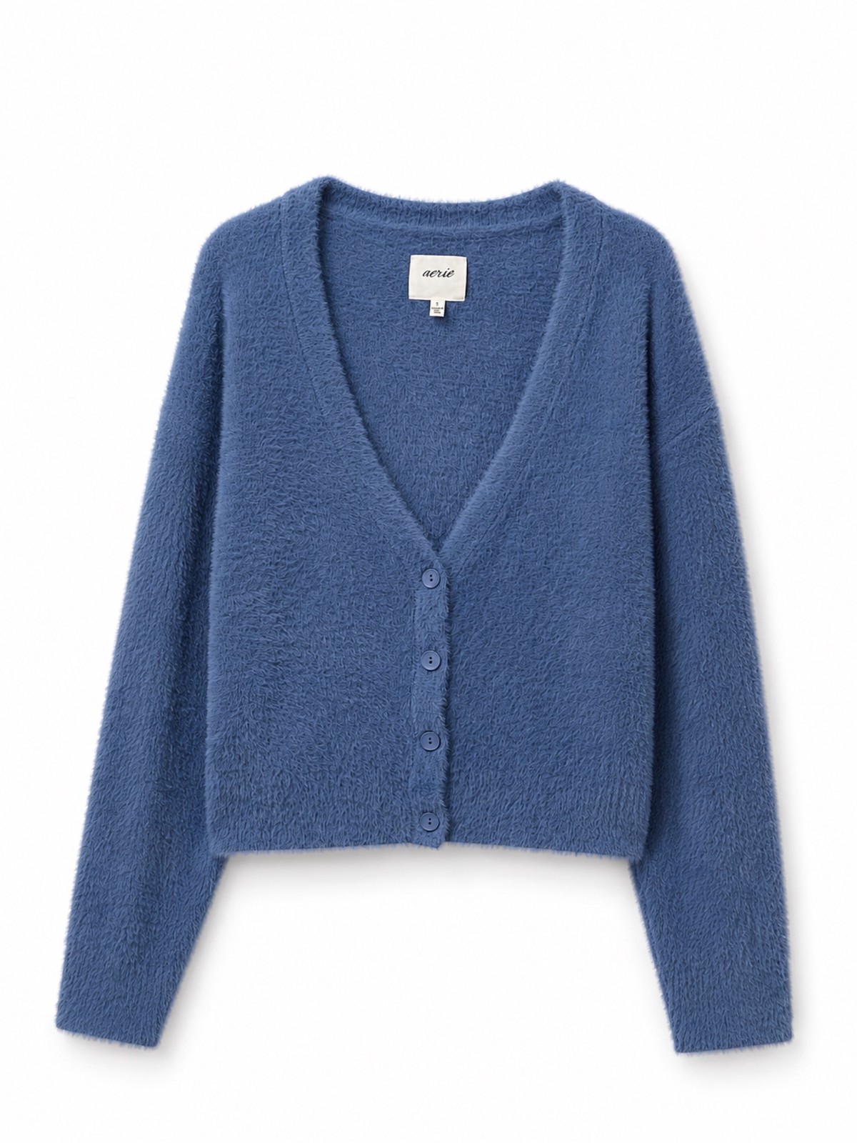 Aerie Blue Fuzzy Cropped Cardigan V-Neck Button Front Sweater Size XL
