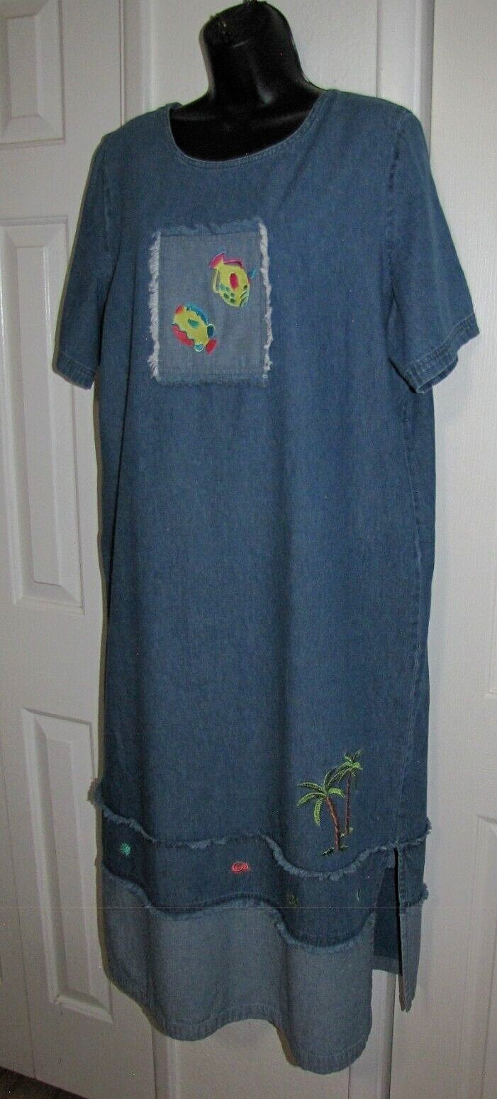 VTG 90&rsquo;s Maxi Denim Dress Women Embroidered Short sleeve Blue Lasting Comfort L