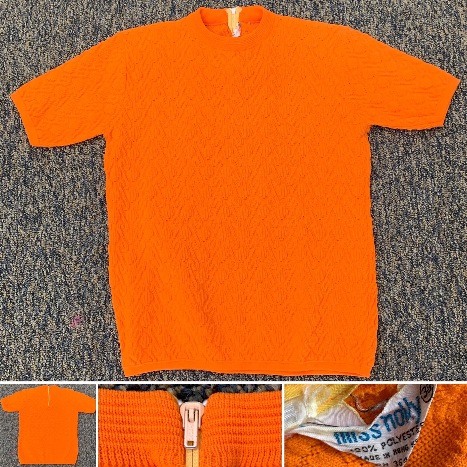 Vintage Miss Holly Top Orange Polyester Short Sleeve Made in Hong Kong size 38
