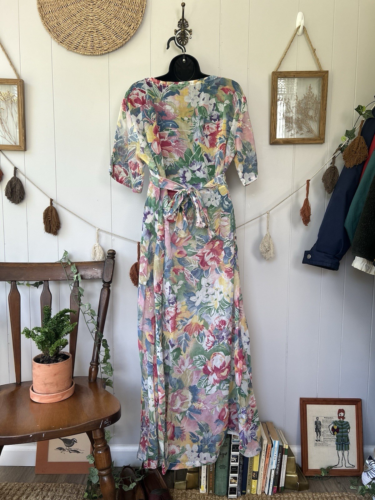 Vintage 90s Watercolor Floral Maxi Dress Sheer Chiffon Kimono Sleeve Boho M L