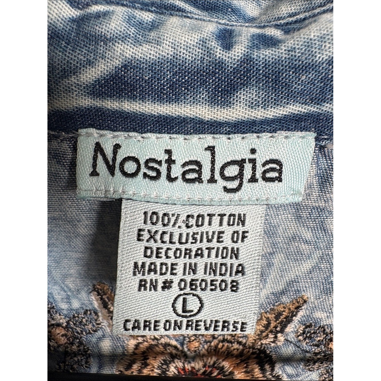 NOSTALGIA Button Up Cotton Denim Embroidered Long Sleeve Western Top size Large