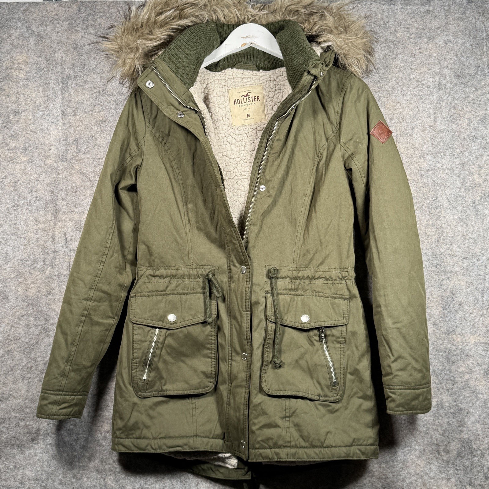 Hollister Olive Green Sherpa Lined Parka Hooded Jacket Womens Size M Y2K