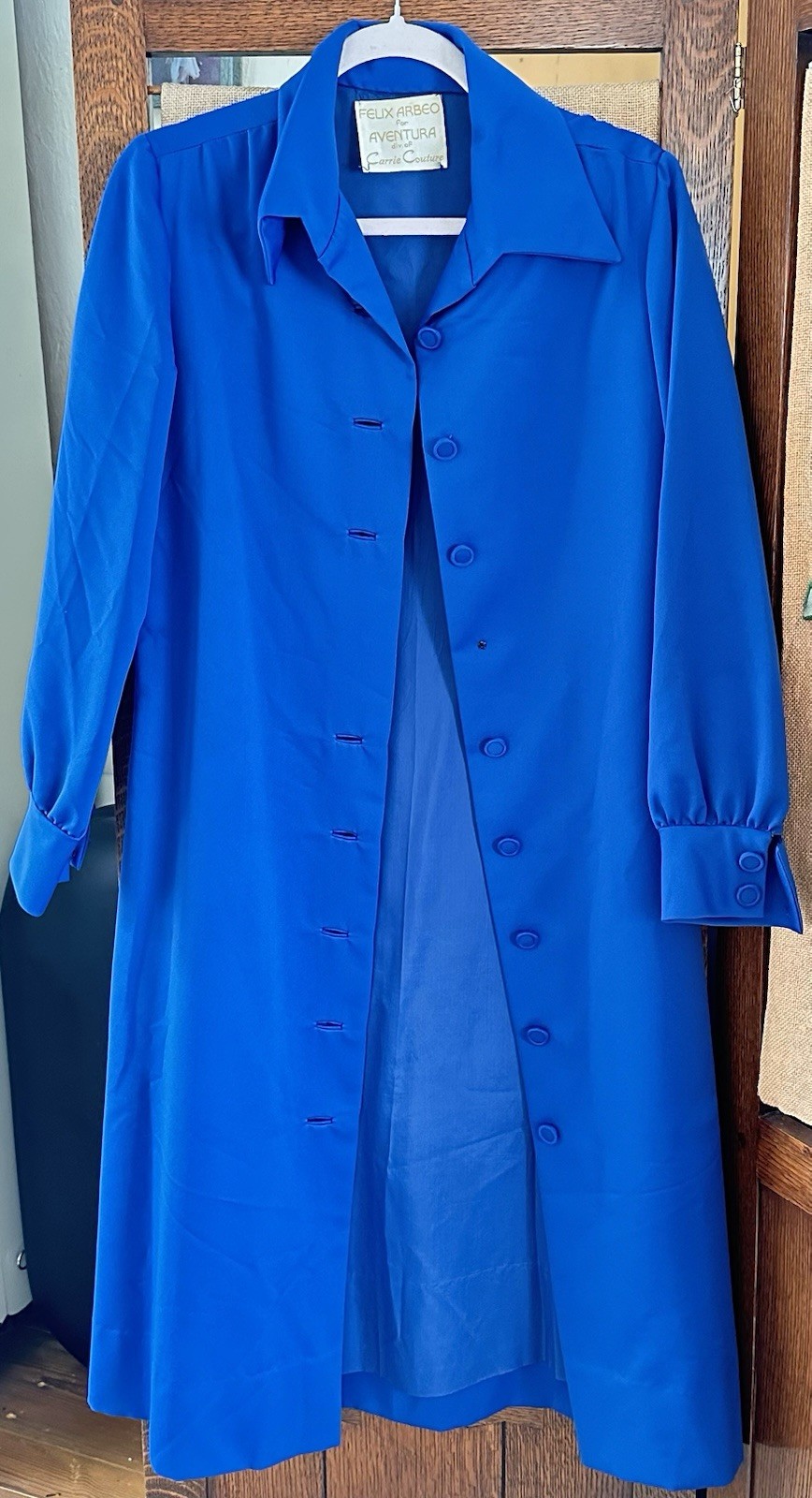 Vintage 1970s Cobalt Blue Duster Coat Dress Felix Arbeo Aventura Carrie Couture