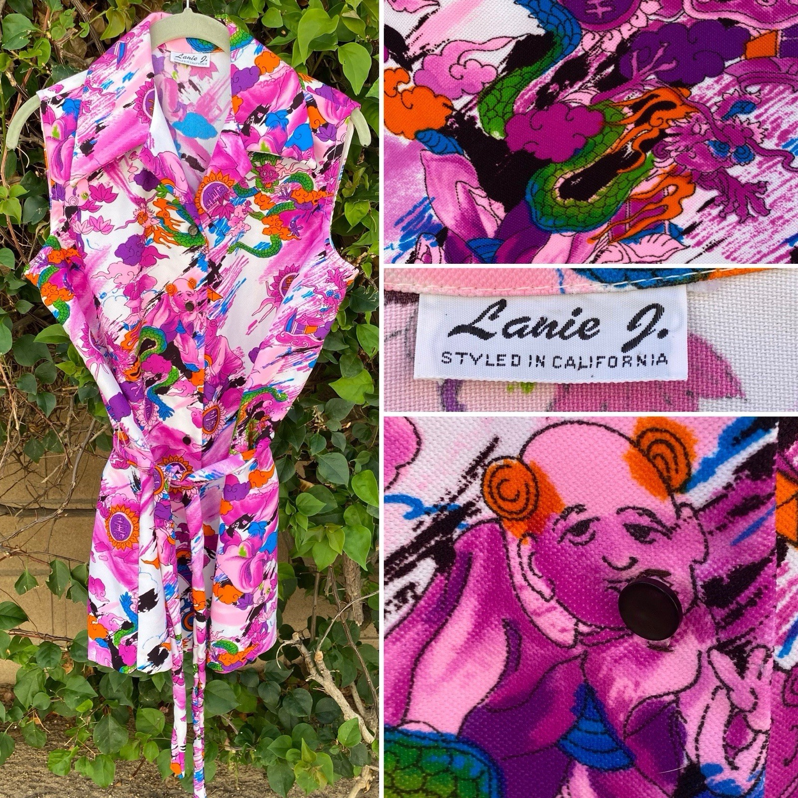 Vtg Lanie J Styled In California Colorful Asian Dragon Floral 60s 70s Mod Hippie