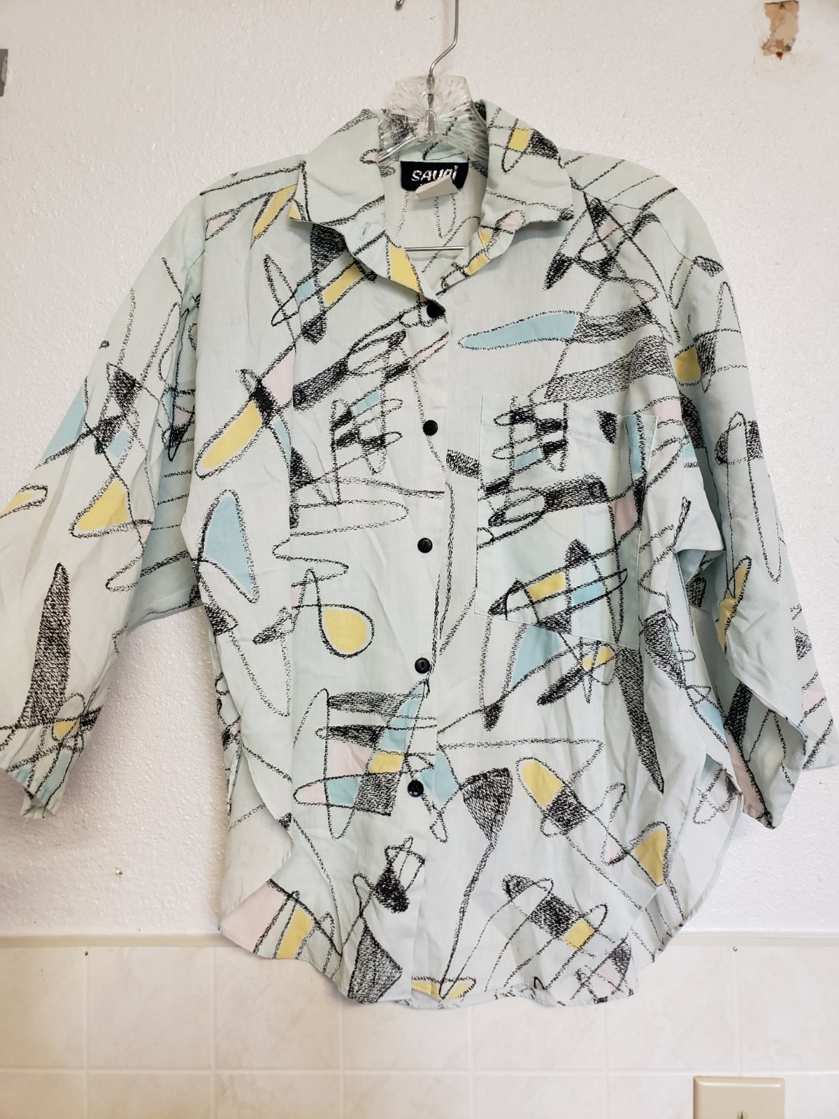 Vintage 80s 90s Geometric Retro Top SAUCI California 3/4 Sleeve Button Up Womens