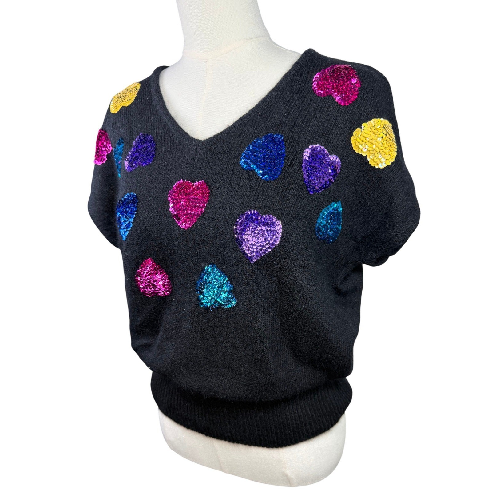 Vintage Rafferty Silk Angora Sequin Heart Sweater Black V-Neck Short Sleeve L
