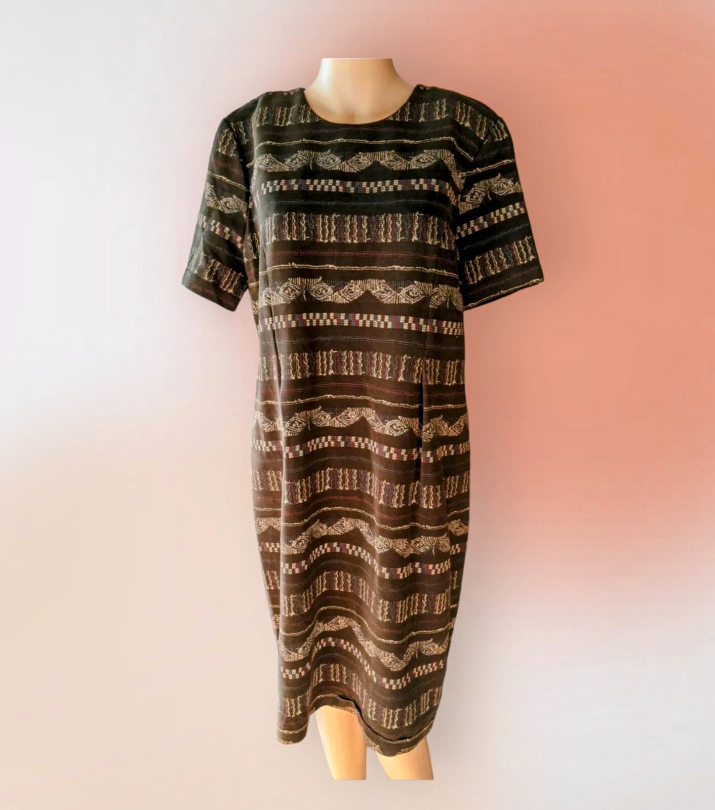 VTG MISS DORBY Petites Career Pencil Dress Brown ARTSY Geometric Size 16 Petite