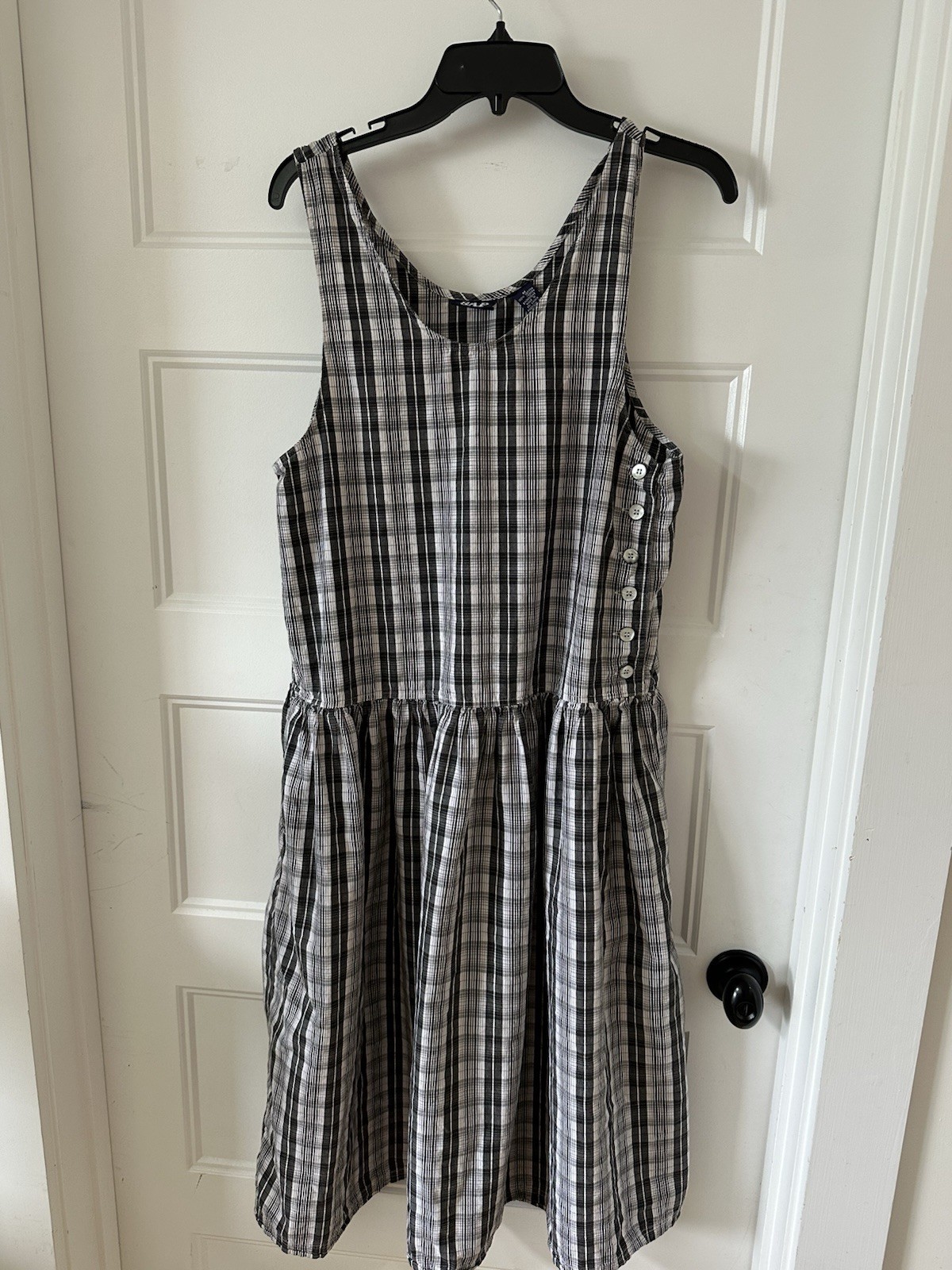Vintage 90s Cottage Core Black Checked Drop Waist Dress Women’s Medium