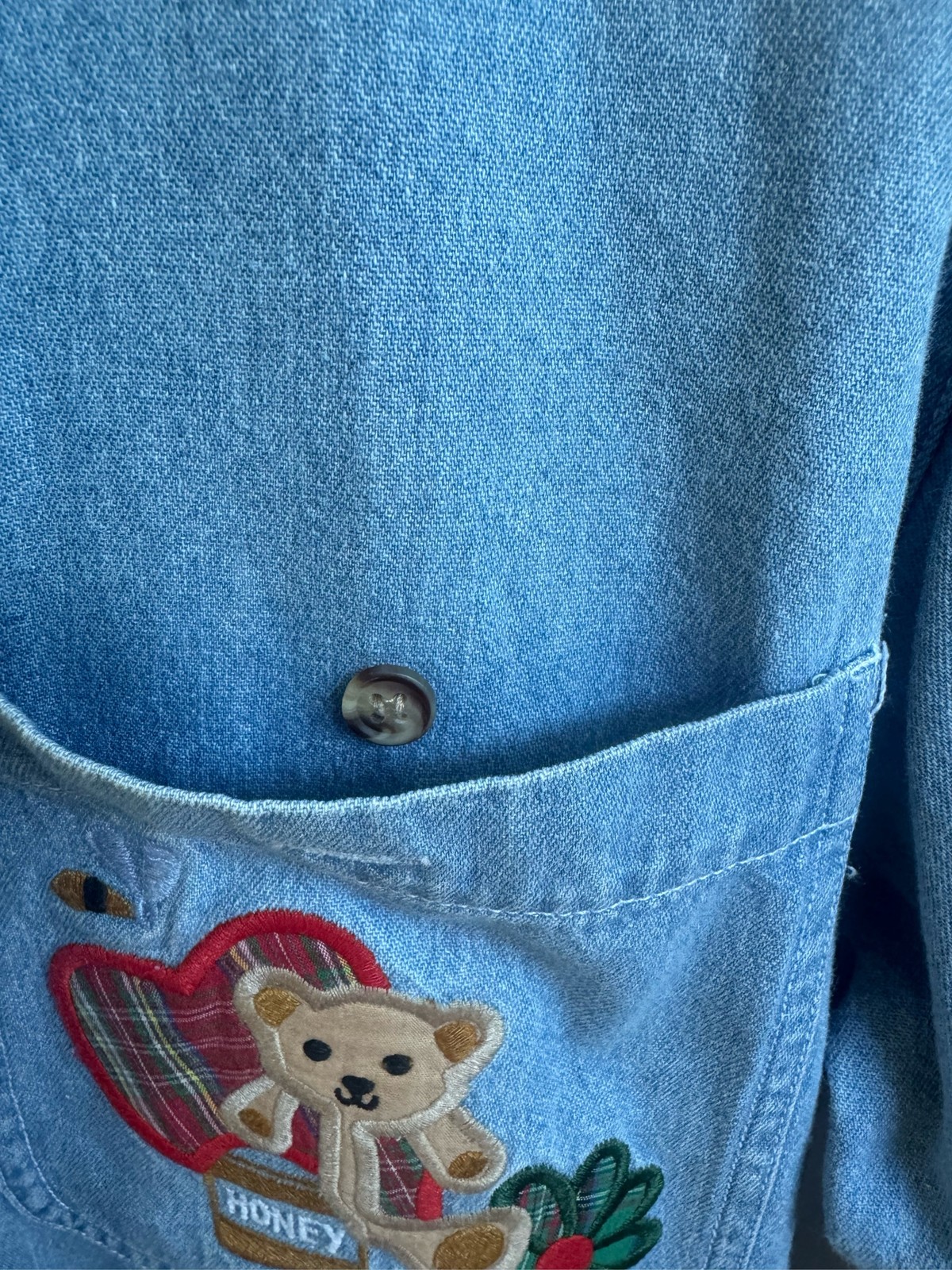 Solution Denim Shirt Teddy Bear Honey Plaid Heart Embroidered Button Up
