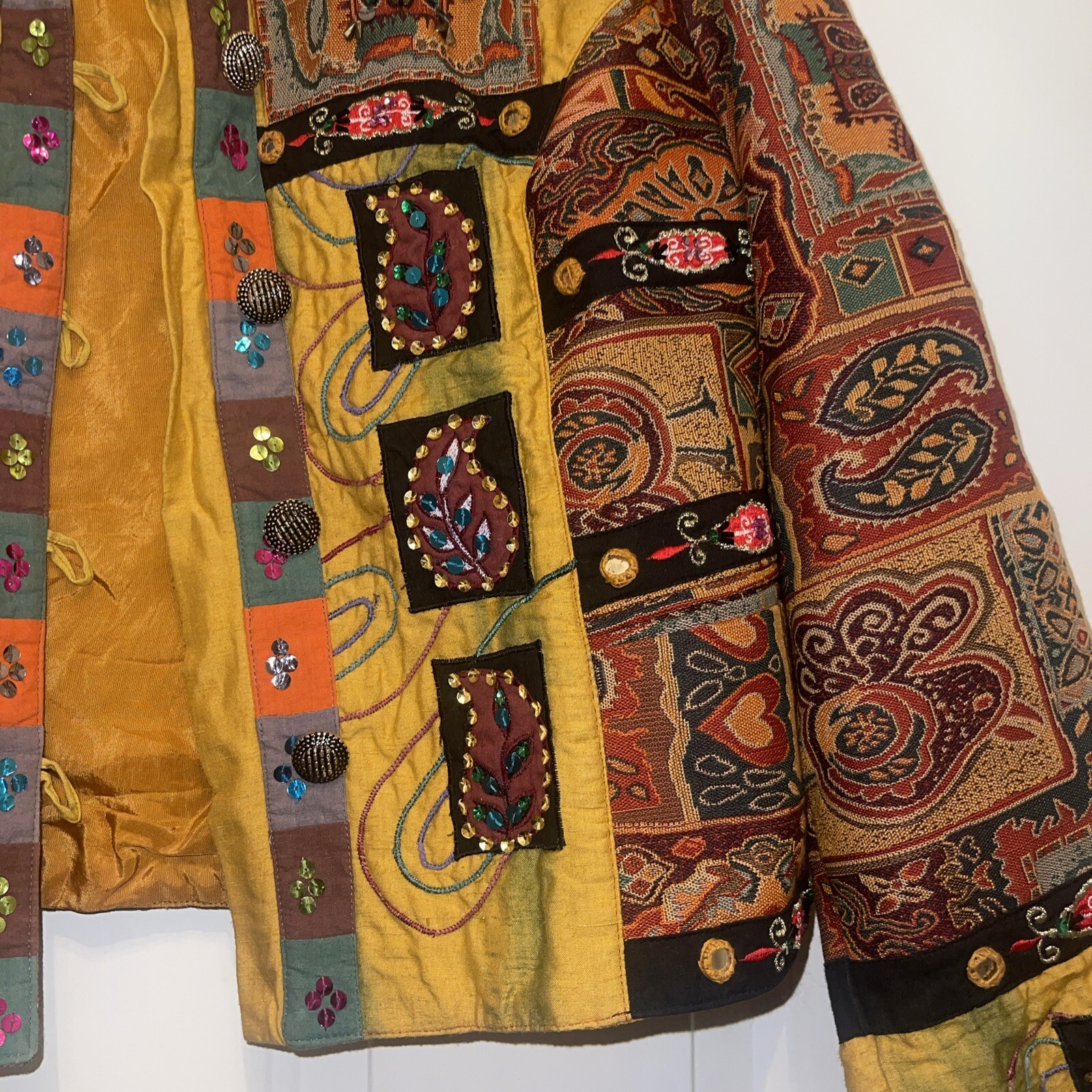 Anage Art To Wear Silk Applique Jacket L Sequined Paisley Boho Festival Vtg