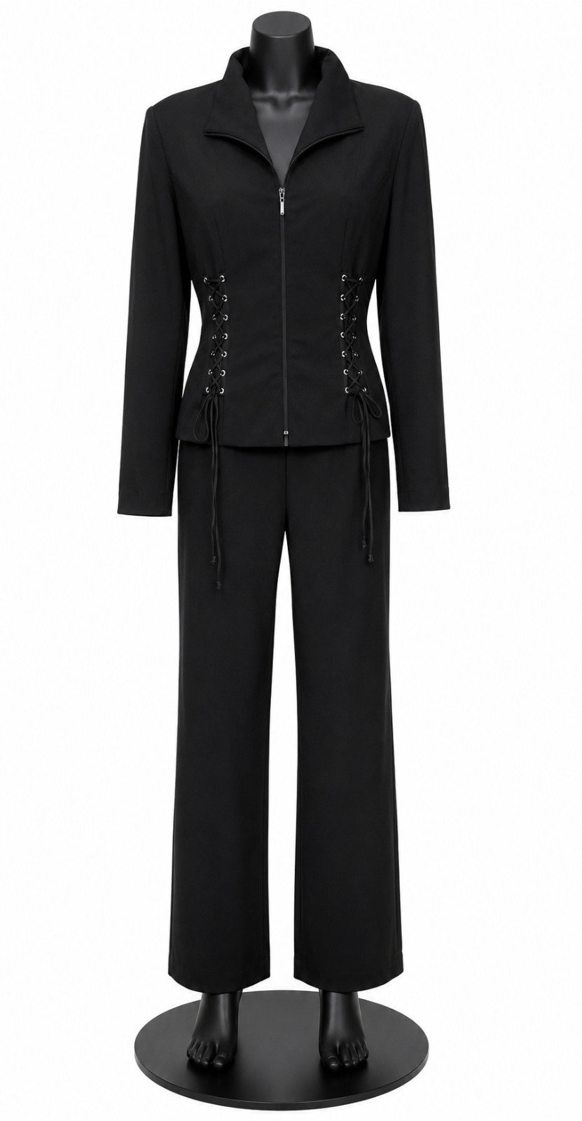 Vintage Cache Womens Flare Pant Suit Size 6/8 Black Knit Rhinestone Lace-Up Trim