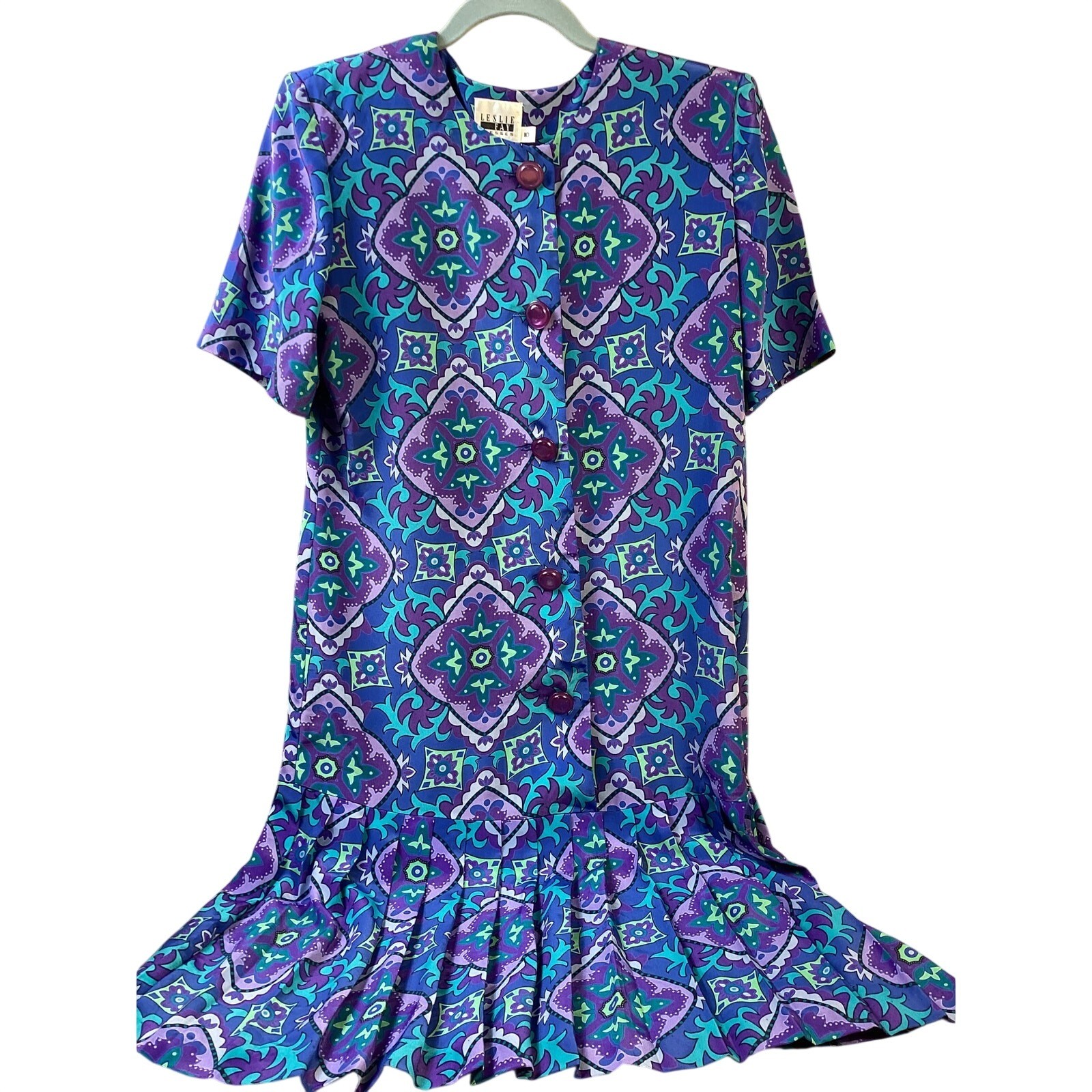 Leslie Fay Vintage 10 Purple Teal Geometric Medallion Drop Waist Pleated Dress