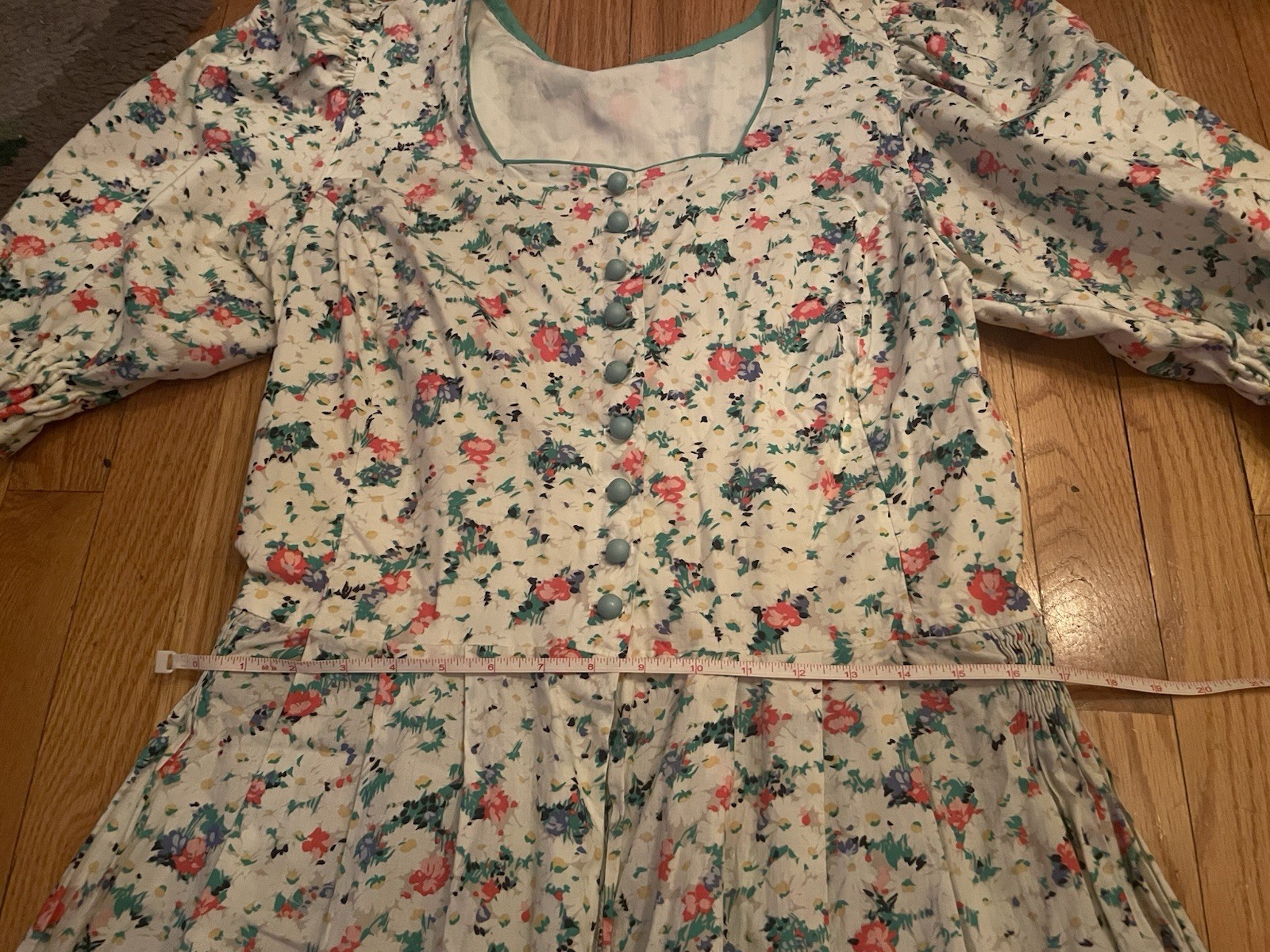 Vintage Floral Square Neck Balloon Short Sleeve Midi Homemade Day Dress S/M