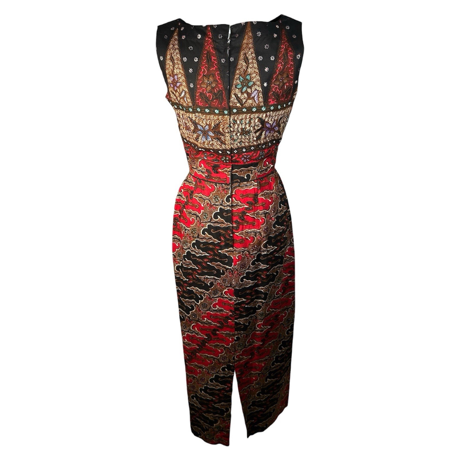 VTG 50s/60s Boutique Batik Border Print Bateau Neck Cotton Sheath Dress Sz S