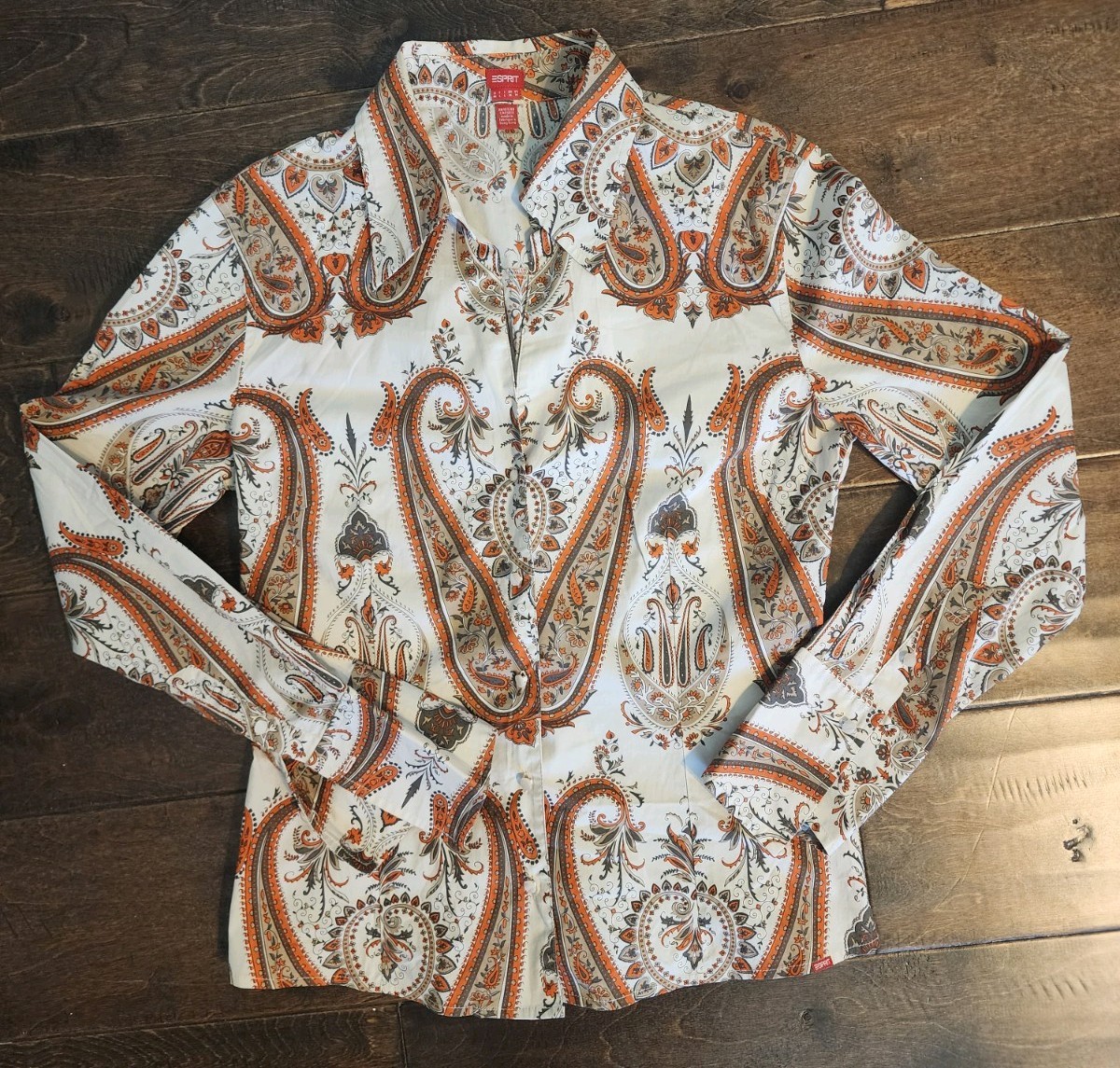 🐎Esprit VTG 90&rsquo;s WOMEN&rsquo;S Orange and Gray Paisley Button-Down Shirt. SZ M✨️ Y2K