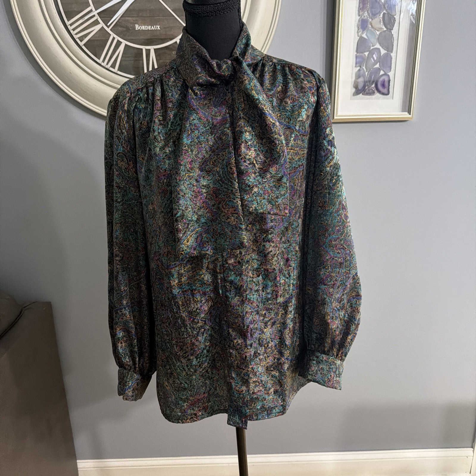 Vintage 80s Secretary Blouse Large Dark Teal Purple Gold