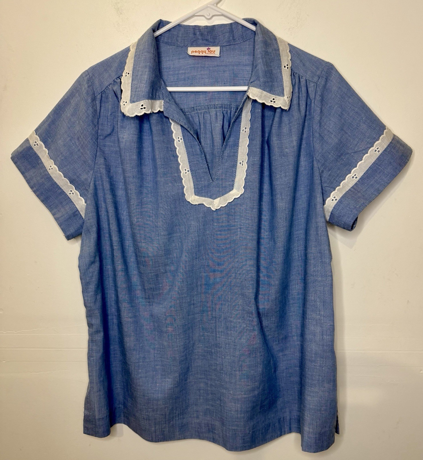 VTG Peggy Lou California Blouse Blue Chambray Eyelet Lace Womens Top