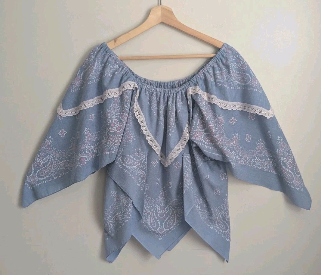 Vintage Handmade Bandana Top Flowy Blue Boho Off On Shoulder S M Festival Hanky
