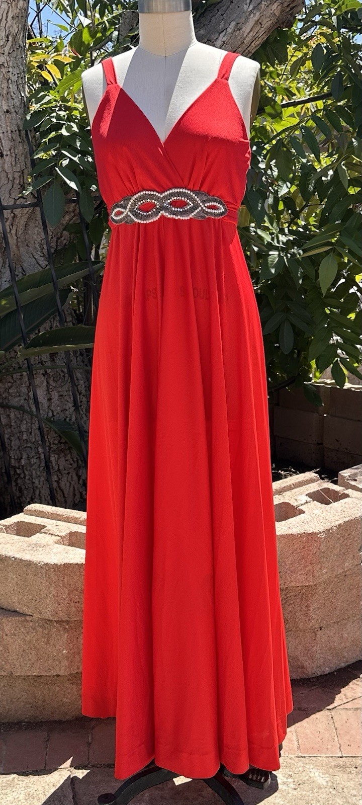 Vntg Lilli Diamond Red Evening Gown Long Cocktail Dress Beaded Waist V‑Neck 12