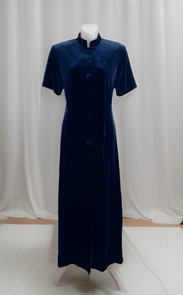 Vtg ANOTHER THYME Velvet Dress L/XL Blue Mandarin Collar Goth Grunge Steampunk
