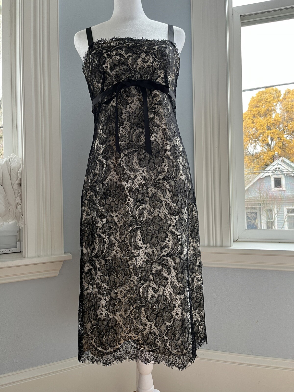 Vintage Jump Apparel 80’s 90’s Dress Shift Lace Illusion Nude Empire Waist S 4 6