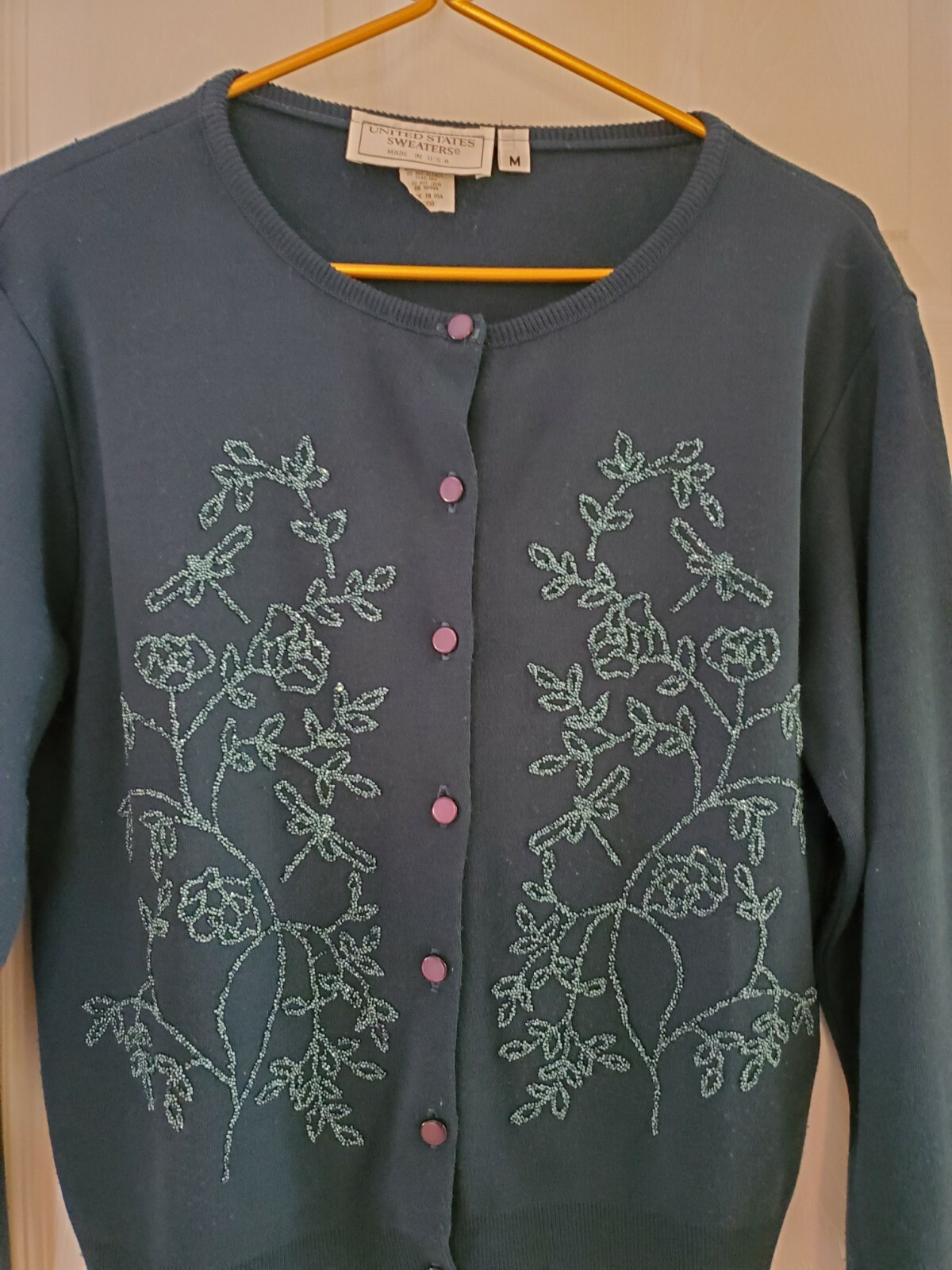 Vintage Womans United States Sweater Dark Teal With Beaded Front Size M