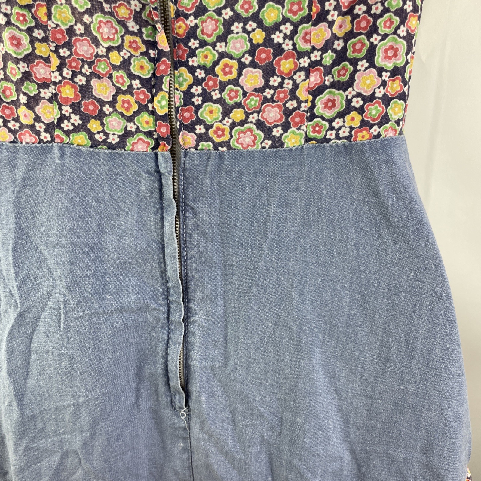 Vtg Prairie Cottagecore Chambray Calico Dress Size XS Cotton