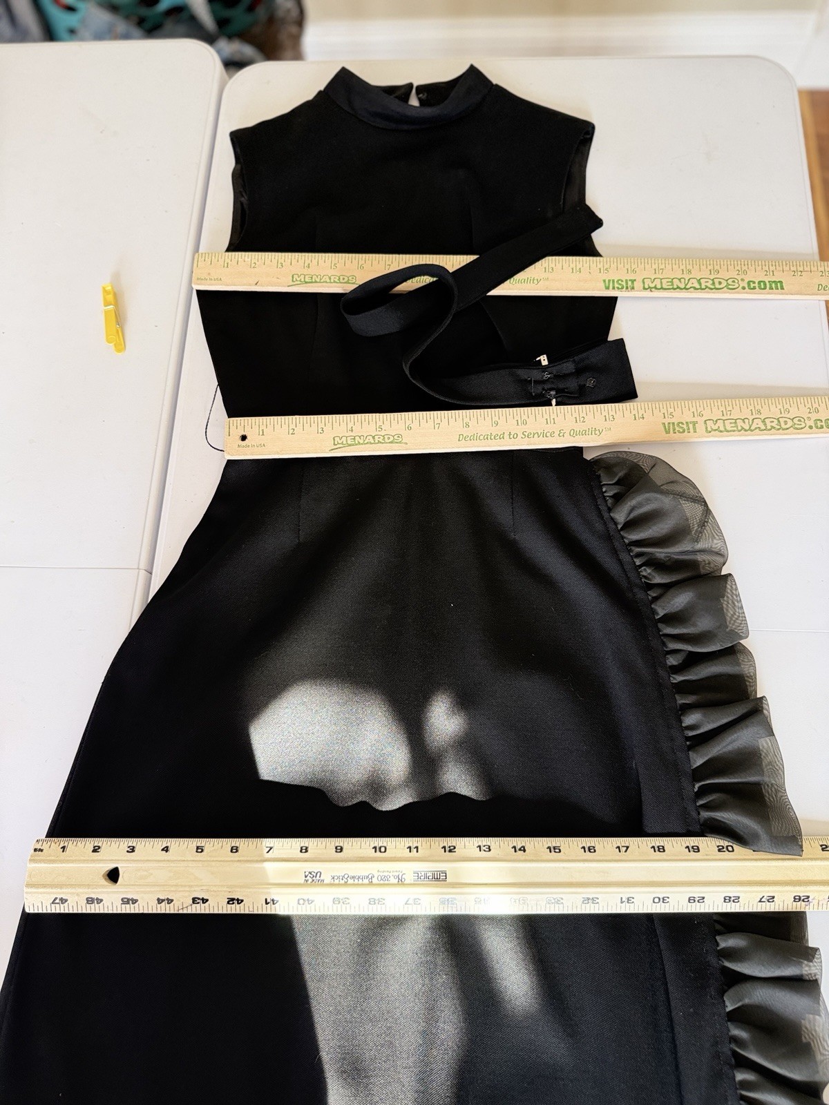 Vtg 70s Nadine Ruffle Rhinestone Bow Maxi Dress XS Black Sleeveless Belt Dressy