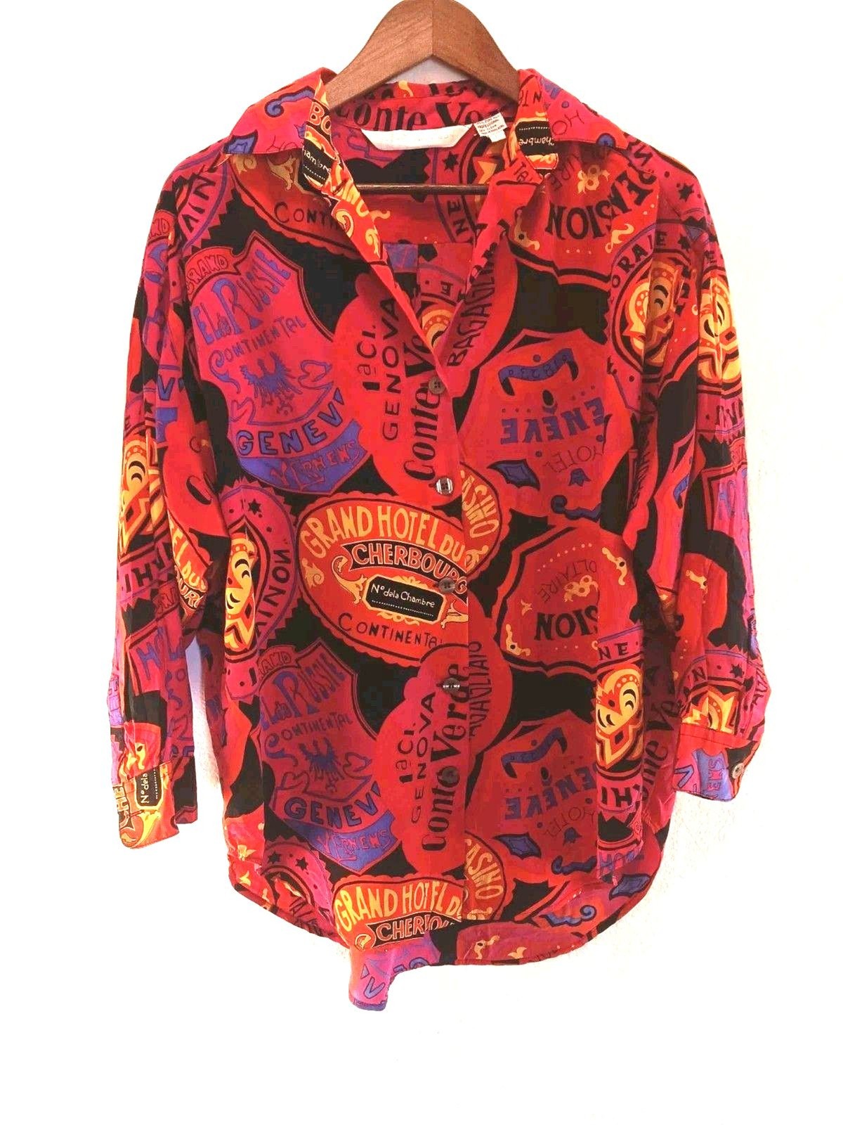 Vintage Brett Harrison 100% Silk Blouse Large Hotel Luggage Tag Travel Print 80s