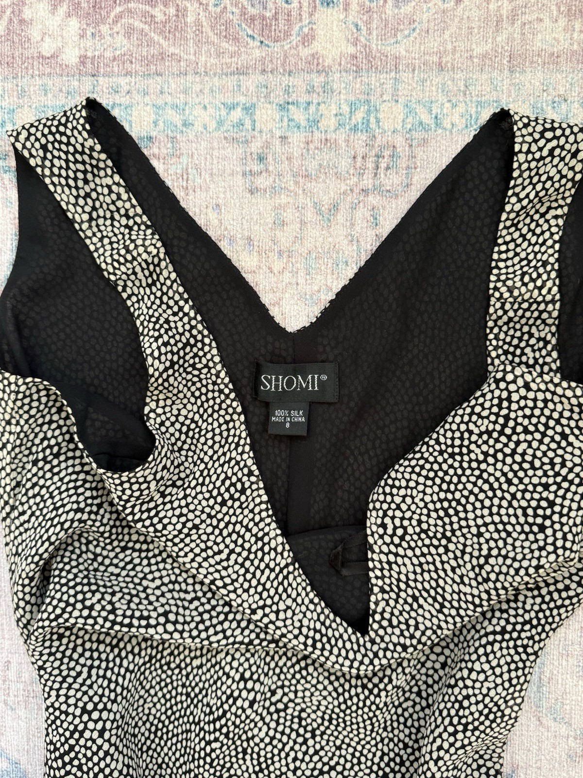 Shomi Black & White Polka Dot 100% Silk Midi Dress Size 8 Vintage 90s Y2K