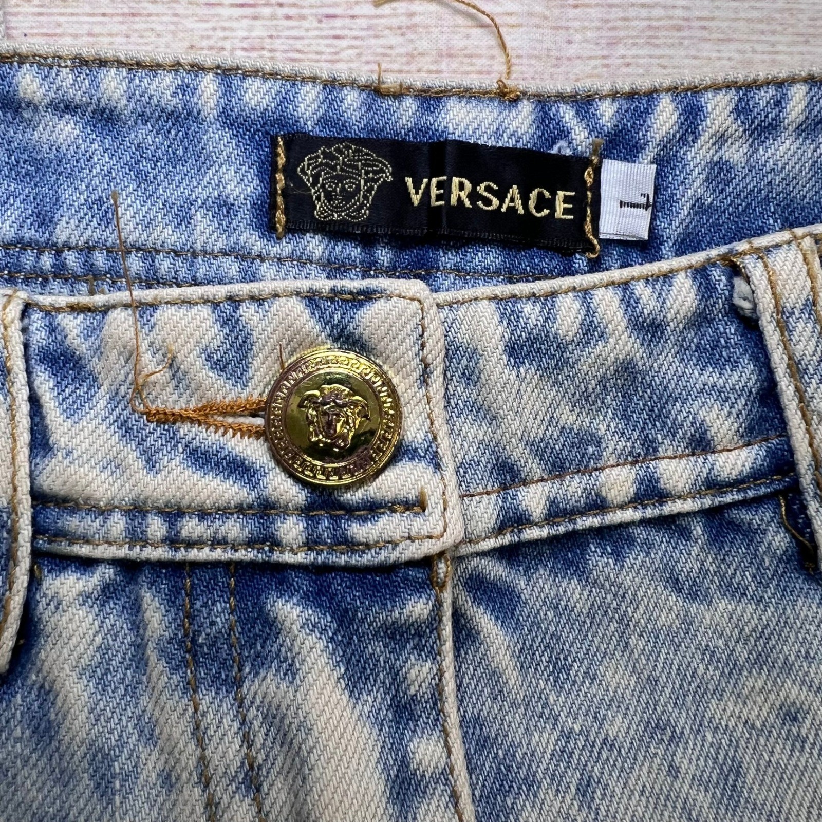 Y2K Custom Versace Vintage Inspired Denim Baroque Bandana Side Stripe Size Large