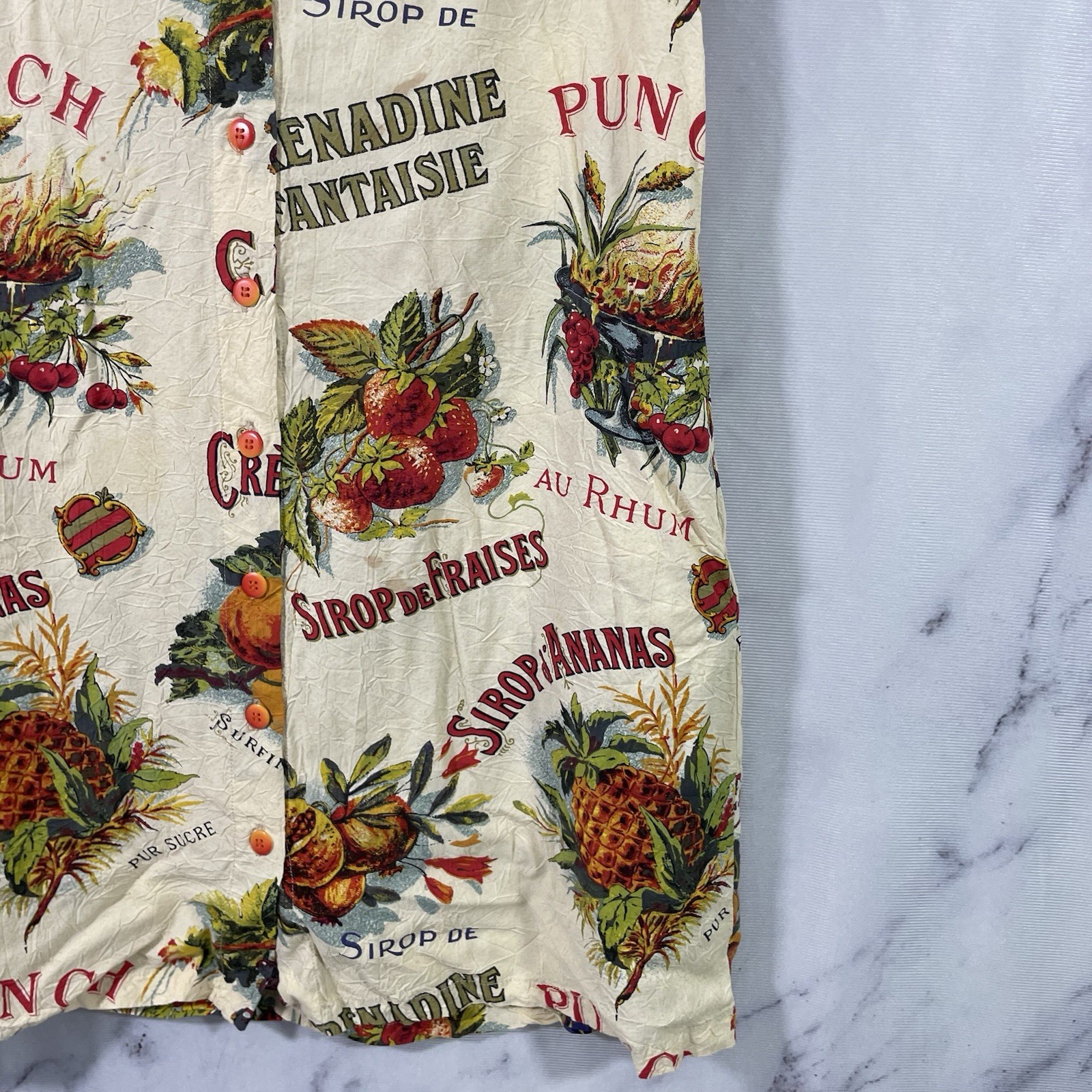 Vtg Jams World Shirt Dress Womens M/L French Fruit-Art Button-Up (REVIEW MEASUR)