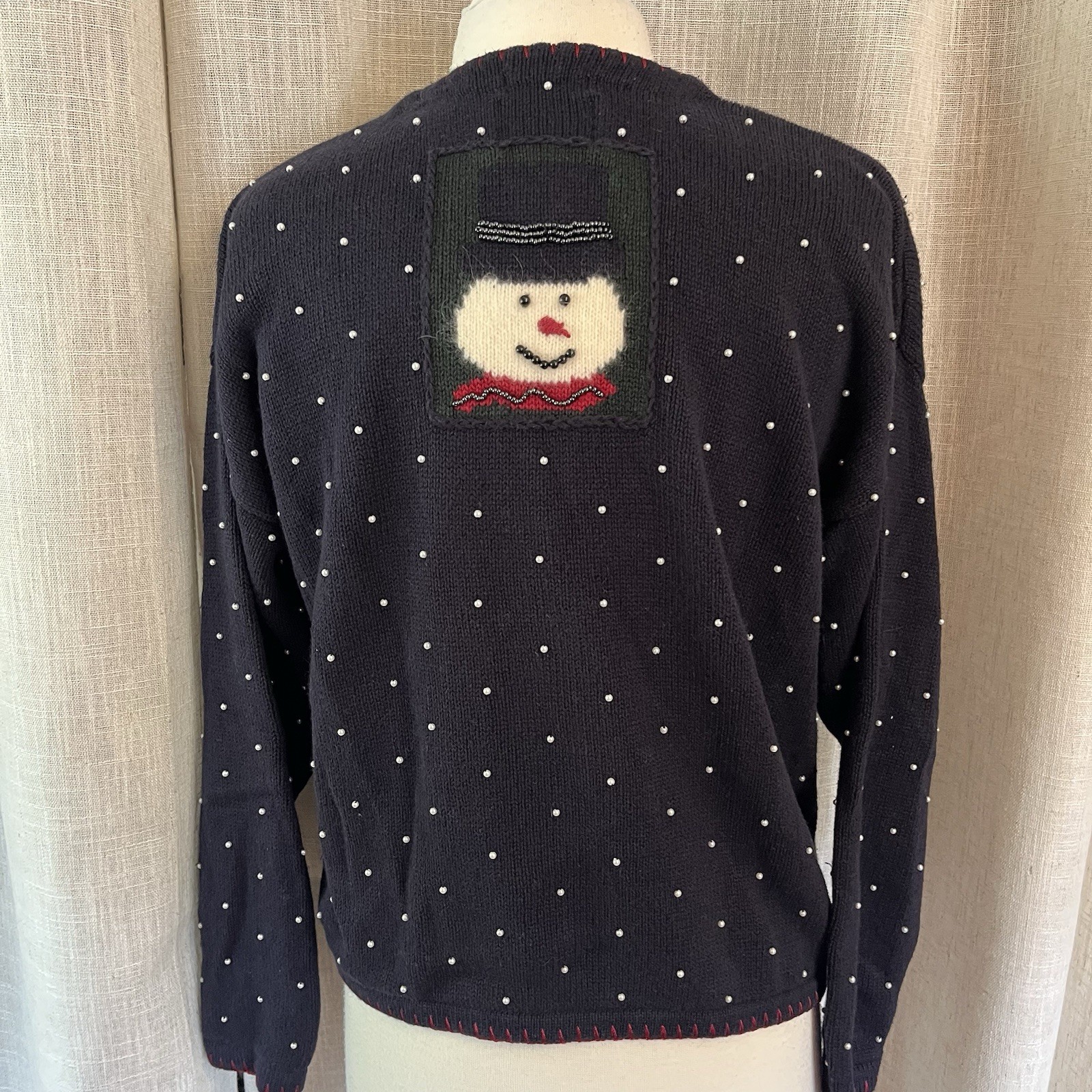VTG Christopher & Banks Christmas Hand Embroidered Snowman Beaded Cardigan L