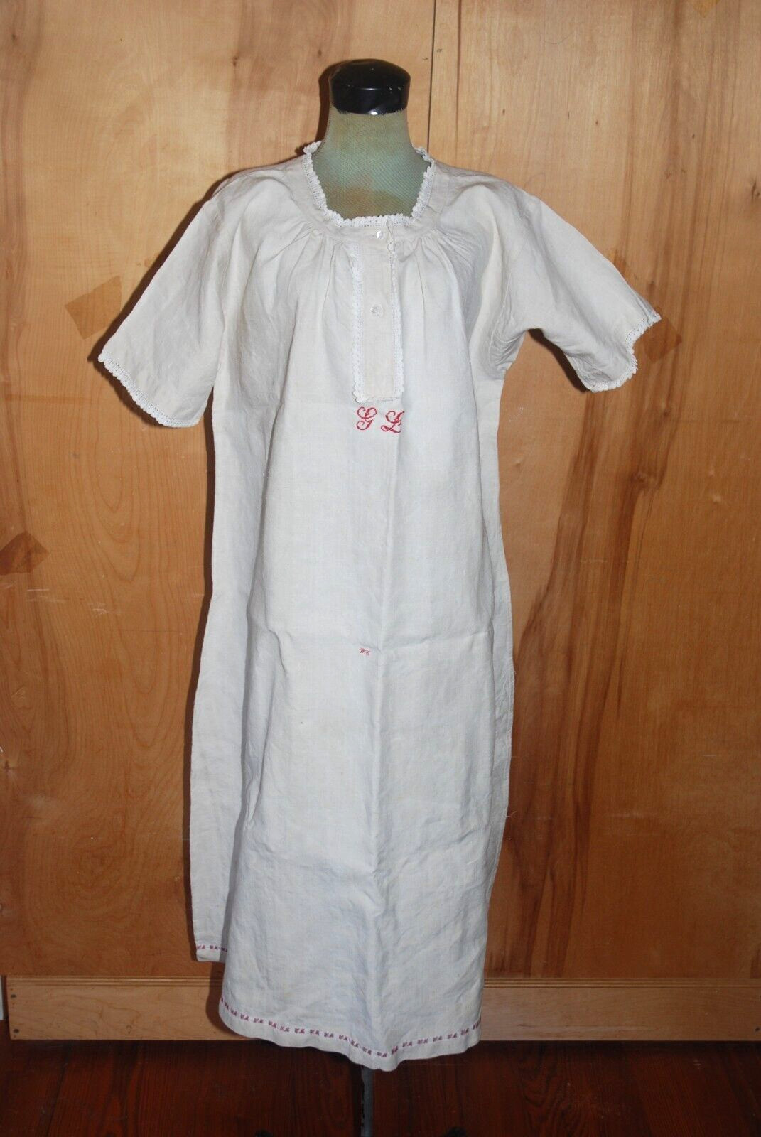 Antique Vintage White Homespun Muslin Linen Dress Nightgown Signed AWESOME!