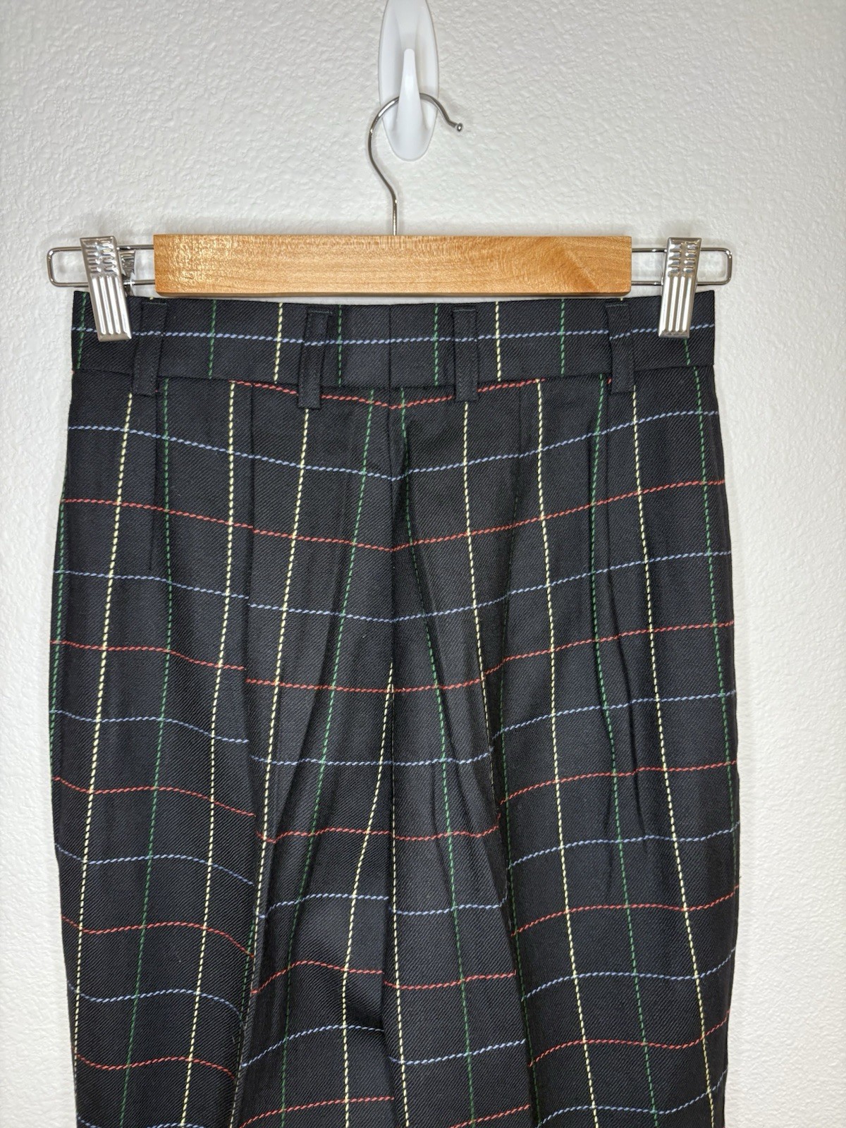 Vtg Mondi Black Plaid Wool Pants 25 Waist Gold Button Made in Germany 80s 90s